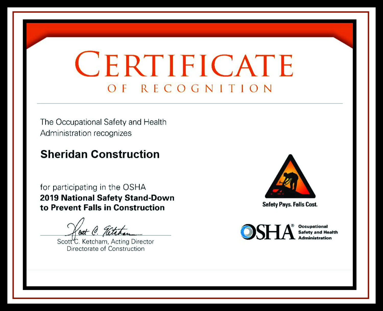 Sheridan Construction Awarded Certification from OSHA Sheridan