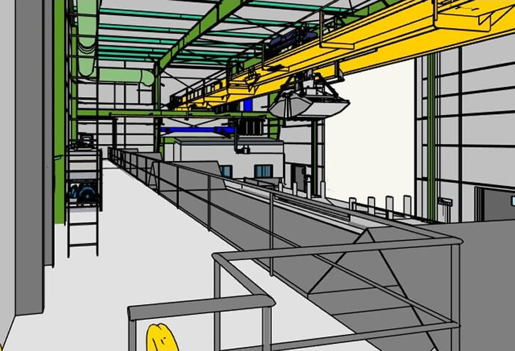 A 3-D rendering overlooking the manufacturing floor featuring HVAC/Mechanical equipment and an overhead crane.