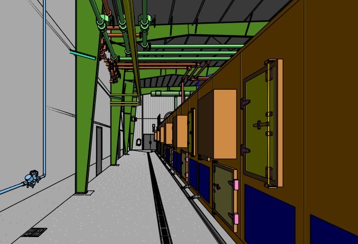 A building information modeling rendering showing first floor mechanical equipment and overhead HVAC piping.